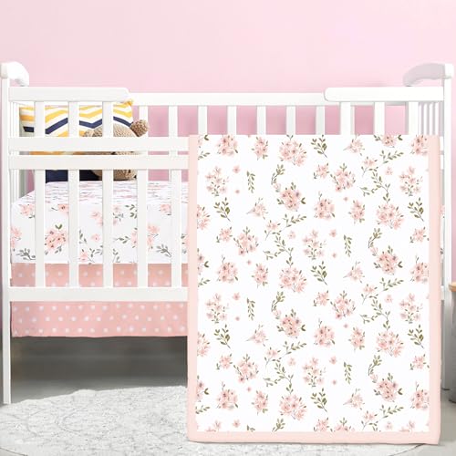 Hahafelt 3 Pcs Pink Floral Baby Crib Bedding Set for Girls Flower Baby Crib Sets for Newborn Infant Toddler Nursery Bed Set Decor with Fitted Sheet Dust Ruffle Comforter