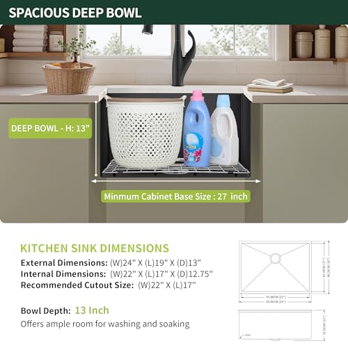 Image of 24-inch Black Undermount Laundry Utility Sink, Stainless Steel | 24x19x13 Extra Deep Single Bowl for Laundry, Garage and Outdoor Kitchen with Grid, Strainer and Drying Rack, Nano PVD Finish