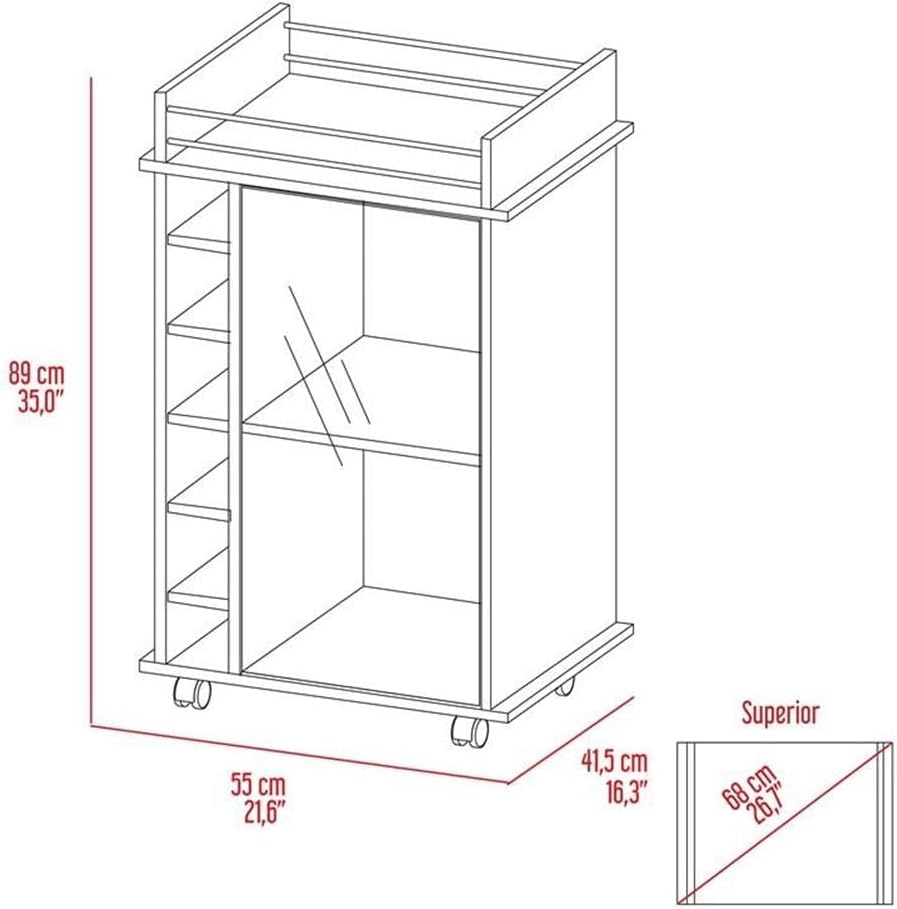 BOWERY HILL Glass Door Bar Cart, 35" H x 21.6" W x 16.3" D, Engineered Wood, Espresso Finish, Locking Wheels, Six Liquor Bottle Cubbies, Two Shelves, Modern Style for Home or Party Use