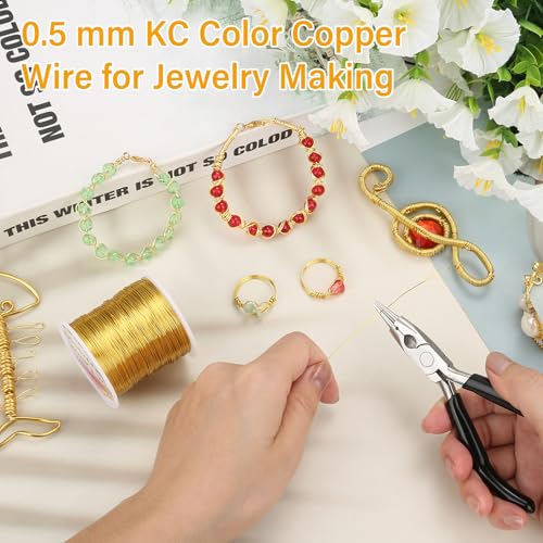 Image of ModaCraft 24 Gauge Sweet Spot Jewelry Wire Gold (213ft /65m) + 4-in-1 Comfort Grip Pliers | Tarnish Proof Copper Craft Wire for Wire Wrapping, Beading & Charm Bracelets | Jewelry Making Starter Kit