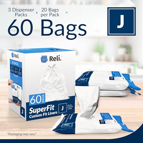 Reli. SuperFit Code J (60 Count) | Compatible with Simplehuman Code J | Dispenser Pack Custom Fit Liners | Drawstring Trash Bags | 30-45 Liter / 8-12 Gallon | White