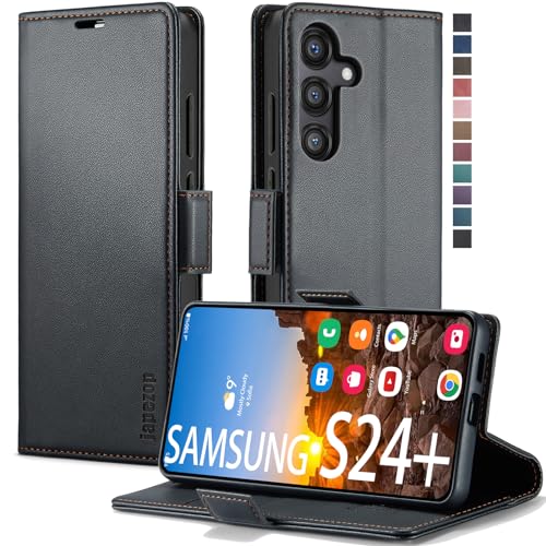Étui portefeuille Samsung S24+ Plus japezop en cuir noir avec porte-cartes et béquille