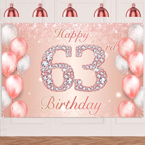 Image of Happy 63rd Birthday Rose Gold Banner Cheers to 63 Years Old Backdrop Confetti Balloons Theme Decor for Women 63 Years Old Pink Birthday Party Decorations Bday Supplies Background Favors Gift Glitter