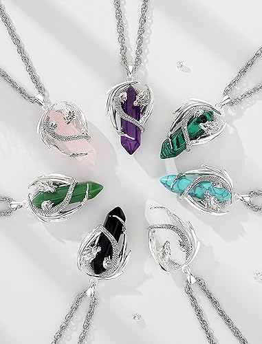 CELESTIA Silver-Plated Copper Dragon Necklace Crystal 7 Chakras, Rose Quartz, Turquoise, Obsidian, Amethyst, Malachite, White Crystal, Dongling Jade - 22''+2'' Stainless Steel Singapore Chain3