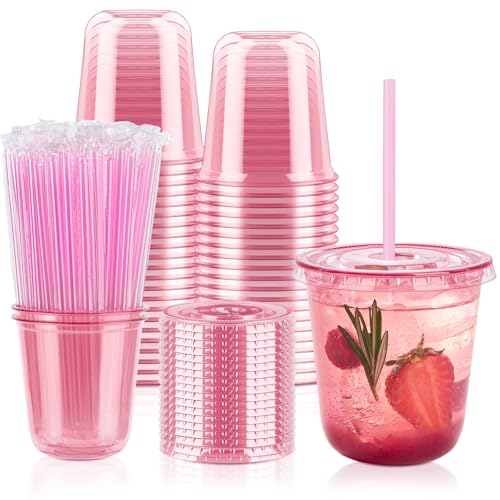 Soelomu 12 oz Pink Plastic Cups with Lids and Straws 50 PCS Disposable Iced Coffee Cups Round Bottom To Go Cup for Smoothie Juice Milkshakes and Cold Drinks