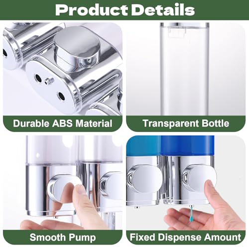 Image of Shower Dispenser 3 Chamber No Drill Shower Soap Dispenser Wall Mounted with Labels Shower Dispenser No Drill for Bathroom Hotel Kitchen, 8.4x2.5 Inch, Silver