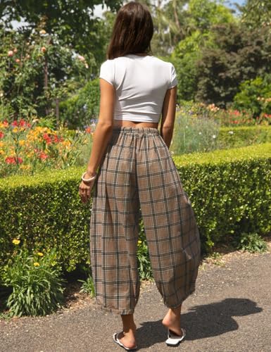 Image of TARSE Women's Plaid Cotton Linen Wide Leg Pants with Pockets | Plaid Barrel Leg Loose Harem Pants, Elastic Drawstring Waist, Casual Boho Summer Capri Palazzo