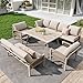 Xwiny Gartenmöbel Set für 8 Personen, 4-teiliges, 1 Tisch mit Holzoptik-Glasplatte, 2 Handgeflochtenen Sesseln, 1 Sofa, Eisengestell mit Beigen Kissen, Inklusive Aller Kissen und Sitzkissen