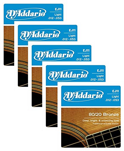 LOT OF 5 - D'Addario 80/20 Bronze Acoustic Guitar Strings, Light, 12-53, EJ11