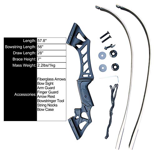 D&Q 58'' Recurve Archery Bow And Arrow Set For Adults Beginners, Black Hunter Aluminum Alloy Takedown Bow For Right Hand(30-70Lb) #TOP1