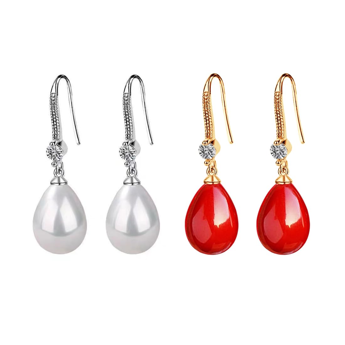 YAXUN Orecchini di perle rossi da donna argento 925 con diamante di cristallo di zirconi cubici, orecchini pendenti con ciondolo di perle rossi rotonde da 12 mm