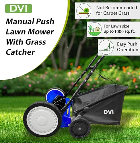 Image of DVI Manual Push Lawn Mower with 40L Premium Grass Catcher | 18-Inch Reel Push Grass Cutter Machine with 9-Position Height Adjustment with 5 Steel Resharpable Blades for Home, Garden and Yard.