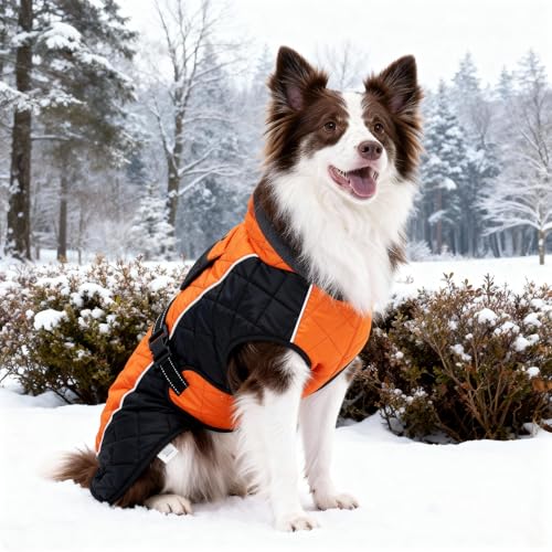 BECROWM Hundemantel mit reflektierendem Design, Winddicht und wasserdicht, verdickter Kragen für Windschutz, verstellbare Schnalle, warme Winterjacke (Orange/Schwarz, M (58,6-68,6 cm))