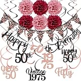 Uiorgui 50th Birthday Decorations for Women, Black Rose Gold Happy 50th Birthday Banner Pompoms Sparkling Hanging Swirls Kit for 50th Birthday Party 1975 Decoration Supplies