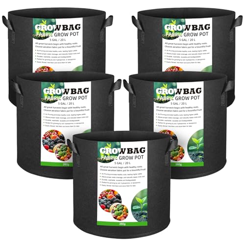 Gemtte 5 bolsas para plantas, macetas de 20 l, macetas de tela no tejida, transpirables, con asas para patatas, tomates y fresas (5 galones)