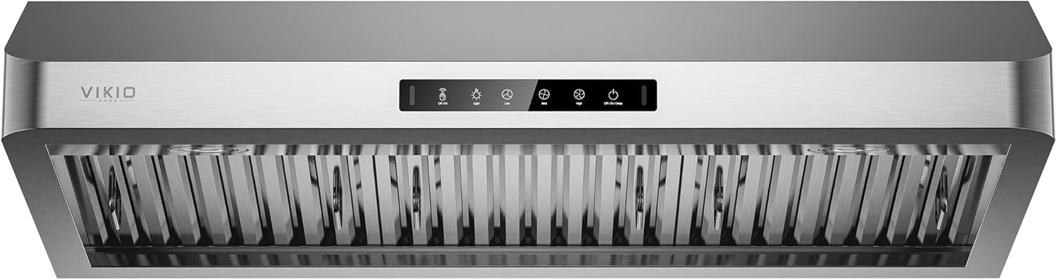 VIKIO HOME Range Hood 42 Inch Under Cabinet with 980 CFM, 3-Speed Gesture Sensing & Touch Control, Stainless Steel Kitchen Hood Vent for LED Lights, Time Setting, Baffle Filters with Handlebar
