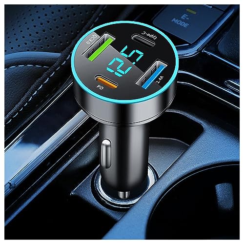 Car Charger,4-in-1 Super Fast Car Charger Adapter with Voltmeter & Blue LED,Universal PD+QC3.0+USB C Ports Car Cigarette Lighter USB Charger Compatible with iPhone Android (QC3.0+Type-C+PD+2.4A)