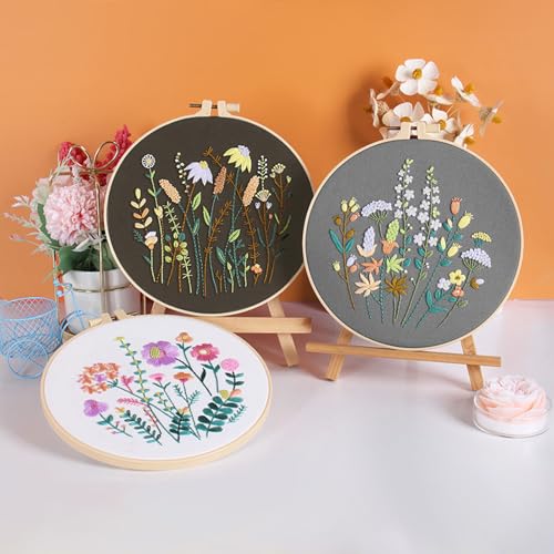Image of GLTAYLMY 3 Pack Embroidery Starter Kit for Beginners Stamped Cross Stitch Kits with Cute Flowers and Plants Patterns with 1 Embroidery Hoop and Color Threads for Adults