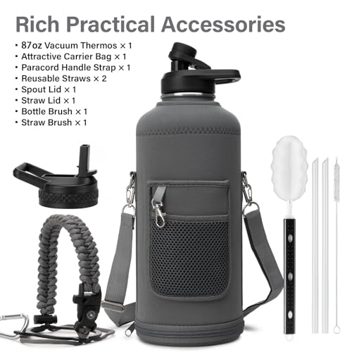 Insulated Water Bottle | Thickened Stainless Steel for Gym and Hiking with Straw, Carrier Bag, Handle Strap | BPA-Free 87 oz