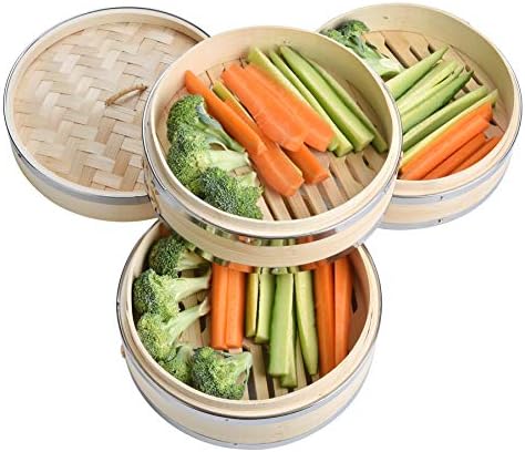 Harcas 8 Inch (20.5cm) Premium Organic Bamboo Steamer Small 3-Tiers with Lid. Strong, Durable and Reinforced. Best for Dim Sum, Vegetables, Meat and Fish. Hand Made