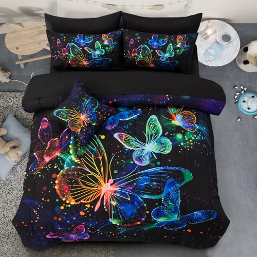Image of A Nice Night 3D Butterfly Galaxy Bedding Sets Kids Full Comforter Set | Butterfies Flying in Space Printed,Glitter Bedding Bed in a Bag, For Boys Girls Teen Room Decor,All Seasons,Ultra Soft