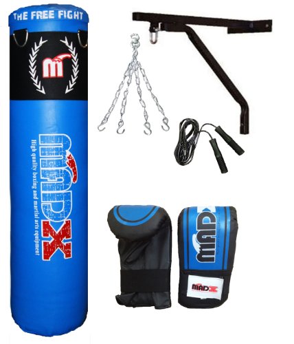 MADX 4ft Punch bag 10 Piece set rex leather filled punchbag kick bag Chain Wall Bracket Gloves Skipping Rope Hand Wraps Martial Arts Training Kickboxing MMA.
