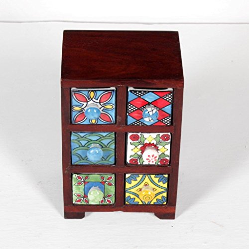 Image of 6-Drawer Wooden Chest | Handcrafted Mini Storage Organizer with Assorted Ceramic Drawers | Traditional Indian Design for Home, Kitchen, Office - 13.75x12x18 cm