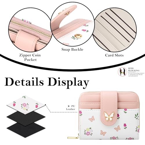 Image of BIAOTIE Wallet for Women Cute Floral Flower Wallet RFID Credit Card Holder Purse Small Bifold Zipper Coin Pocket Purse with ID Windows (Butterfly Pink)