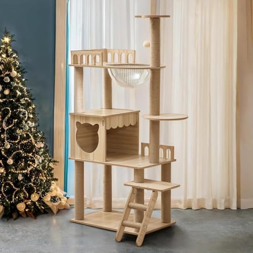Mekidulu KT-022 Tour à Chat Moderne en Bois Pur de 135 cm avec Niche, escaliers, Bol, 9 griffoirs en sisal, perchoir supérieur, balles pour Jouets, pour...