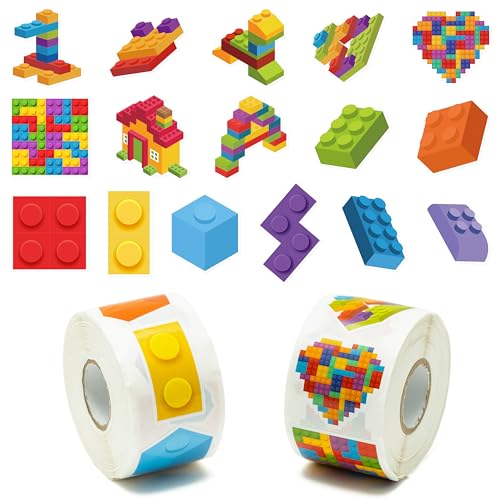 Unbess 1000Pcs Block Stickers for Kids 2 Roll Colorful Bricks Paper Self Adhesive Heart House Decal Peel and Stick Removable Toy Brick Lover Gift Birthday Party Supplies Bulk Decor Game