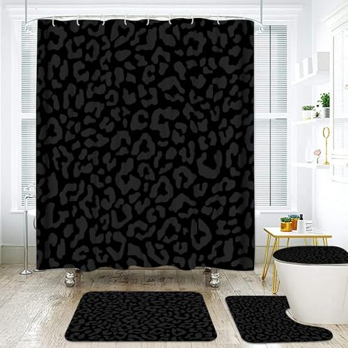 Onalasyc 4 Pcs Cheetah Shower Curtain Black Leopard Animal Print Bathroom Sets Cheetah Bathroom Decor Set with Shower Curtain and Rugs Bathroom Sets Complete Set de bao with 12 Pcs Hook
