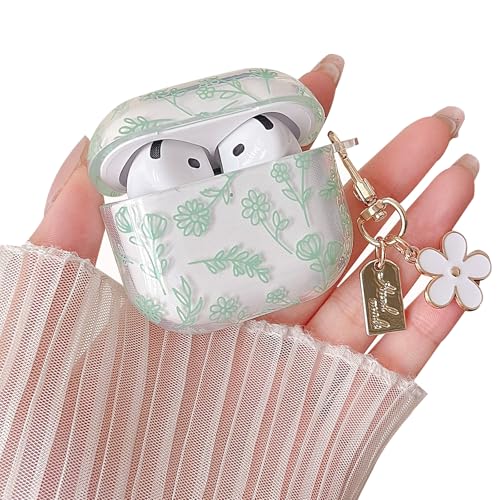 Image of MINSCOSE Compatible with AirPods 4 Clear Case,Cute Flower Floral Aesthetic Design with Flowers Keychain, Soft TPU Protective Shockproof Case for Women Girl for Airpods 4-Green