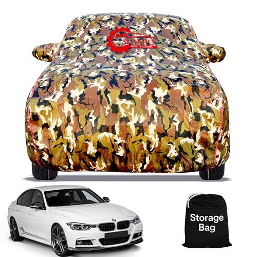 Image of 100% Waterproof Car Body Cover for BMW 3 Series Gran Limousine with Mirror Pocket, Soft Cotton Lining, Triple Stitched, Full Bottom Elastic (Heat Resistant Jungle Print with Red Piping)