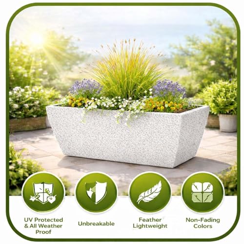 Image of Go Hooked Recta Curve 36 Inch Rectangle Planter Pot | Big Size Polymer Gamla for Plants | Heavy-Duty UV Resistant Outdoor & Indoor Flower Pot for Balcony, Terrace & Garden (White)
