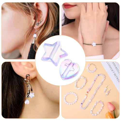 100 Stück Stern Perlen für Armbänder, Bunte Stern und Herz Perlen zum Auffädeln Bunte Acryl Perlens mit 1 Rolle Kristallkabel für DIY Schmuckherstellung Schlüsselanhänger, Armbänder, Halsketten