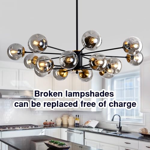 Image of 16 Light Glass Globe Chandelier Mid Century Sputnik Pendant Light Fixture Black and Gold Ceiling Light for Living Room Kitchen Dining Room Bedroom Farmhouse.