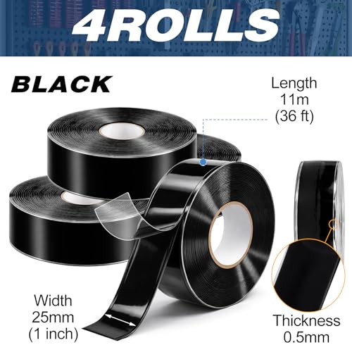 Treela 4 Rolls Self Fusing Silicone Tape 1" x 36' Black Waterproof Self Amalgamating Emergency Silicone Rubber Repair Tape for Hose Pipe Leak Sealing Electrical Insulation Plumbing Automotive Outdoor — view 2