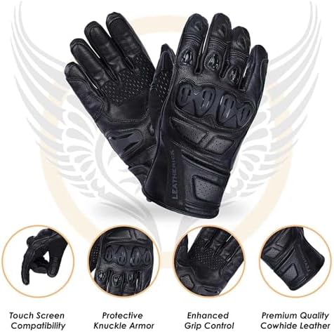Leatherick CE Certified Black Genuine Men’s Leather Gloves - Full Grain Motorcycle Gloves with Protective Knuckles,TPR Slider & Touch Screen Compatibility Alternate view