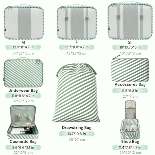 Image of BAGAIL 8 Set Packing Cubes Luggage Packing Organizers for Travel Accessories-White and Matcha Stripe