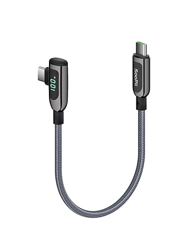 SOOPII Cable USB C a USB C en ángulo recto de 100 W, cable trenzado tipo C de aleación de zinc de 1 pie con pantalla LED para teléfono 15, lPad