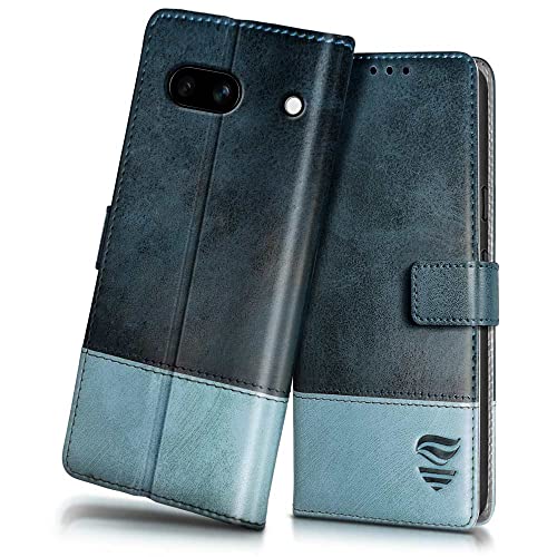 Image of FLIPPED Vegan Leather Flip Case Back Cover for Google Pixel 6A (Flexible, Shock Proof | Hand Stitched Leather Finish | Card Pockets Wallet & Stand | Blue with Aquamarine)