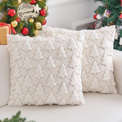 Brylleii 2er Set Kissenbezüge Weihnachten Samt Beige 50x50 cm Kiefern...