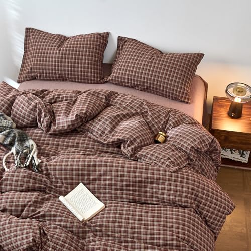 Image of EAVD Vintage Style Burgundy Gingham Duvet Cover Twin 100% Washed Cotton Like Linen Feel Soft Checkered Grid Plaid Bedding Set with 2 Pillowcases Farmhouse Grid Geometric Duvet Cover with Zipper