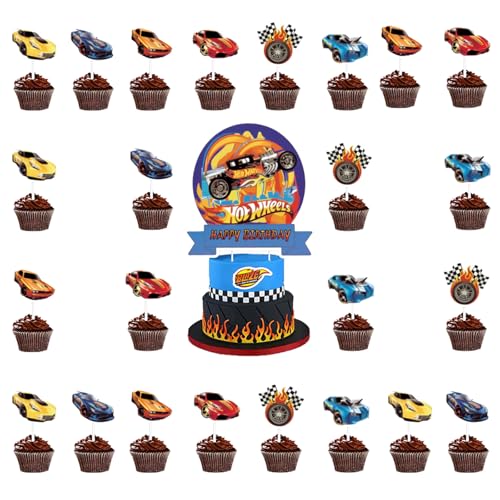 25 Piezas Decoraciones de Pastel de Coches, Racing Car Cupcake Toppers, Coche Cake Topper, Decoración para Tartas de Coche de Carreras, Decoracion Suministros de Fiesta Cumpleaños para Niños