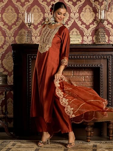 Image of INDO ERA Women's Liva Embroidered Straight Kurta & Pant With Dupatta Set (SHUTR6718)