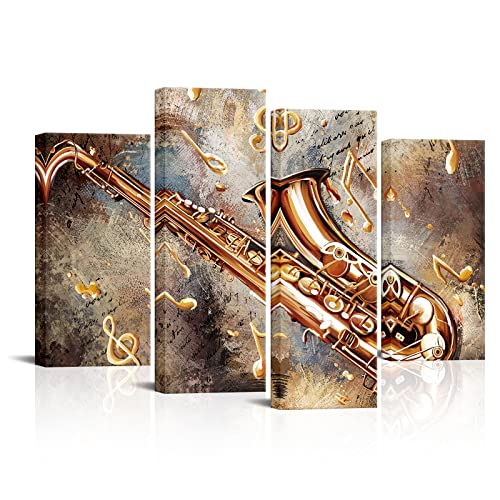 La Mejor Selección de Recuerdos musicales enmarcados los mejores 5. 39 sechars 4 piezas de arte de pared de música vintage de saxofón, instrumentos musicales con notas musicales, pintura sobre lienzo, póster de jazz enmarcado para el hogar, sala de...