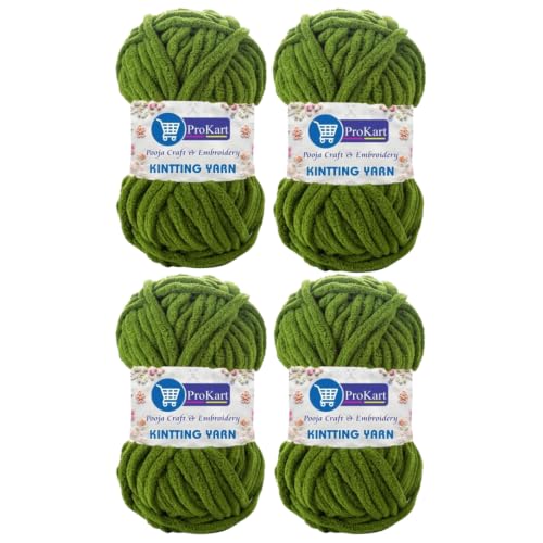 Image of ProKart Premium Blankie Wool, Plush & Cuddly, Chenille Yarn Supersoft Hand Knitting Wool Ball | Blanket Thick /Mottu Yarn Ball Suitable for Hand Knitting and Crocheting for Baby, Adult, Sweaters, caps, Throws, Home Furnishing, Scarves, Blankets (Dark Green, 100gms x 4 Pack)