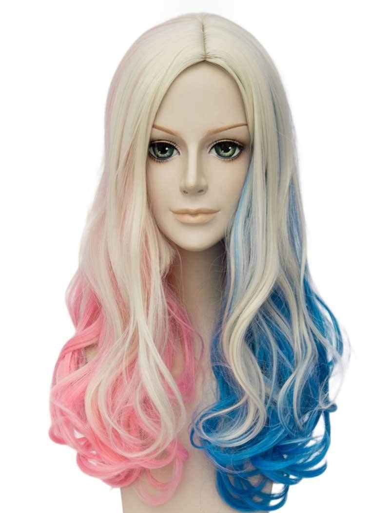 FALAMKACurly Blonde Wig Cosplay for Women Long Middle Part Blue and Pink Wigs Costume Halloween
