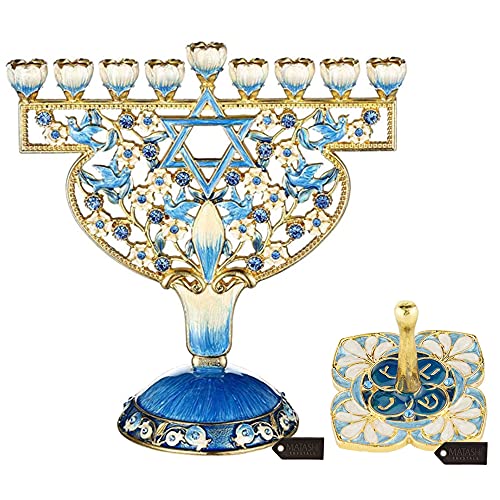 Matashi Hand Painted Enamel Menorah Candelabra w Doves & Flowers Design & Floral Spinning Dreidel Holiday Ornaments (Pewter) w/Gold Accents & Crystals Jewish Candle Holder Hanukkah Gift Jewish Decor