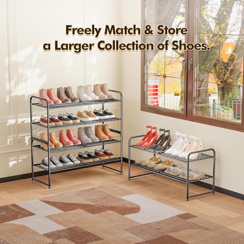 Image of 2 Pack Shoe Rack, 2-Tier Metal Stackable Shoe Shelf Storage Organizer, Heavy Duty Wire Shoe Stand for Entryway, Closet, Hallway, Holds 50 LBS, Black